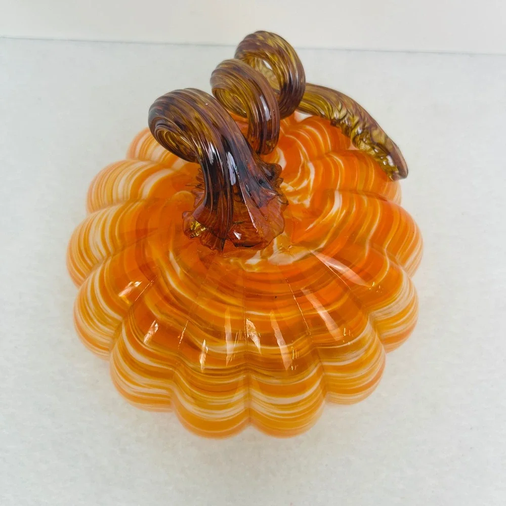 Hand Blown Glass Pumpkin Orange White Swirl Amber Curly Stem Fall Decor 5x4